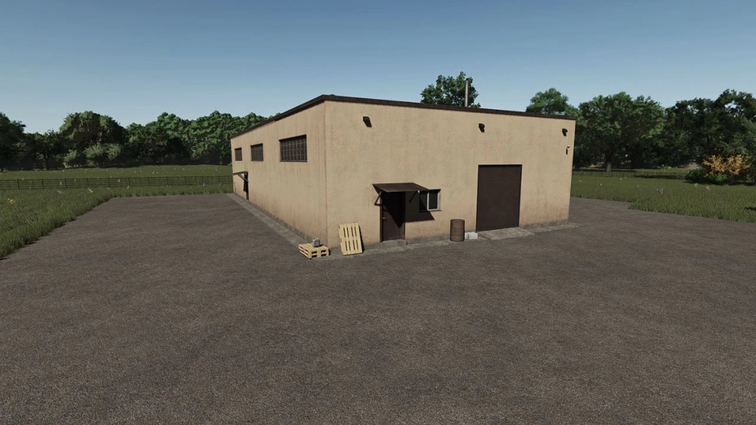 Farming Simulator 25 mod: Meat Processing Plant v1.0.0.0 building on a farm, with crates and barrels in front.