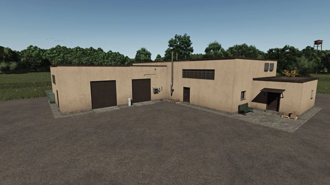 Farming Simulator 25 mod: Meat Processing Plant v1.0.0.0 for FS25, industrial building with garages and processing area.