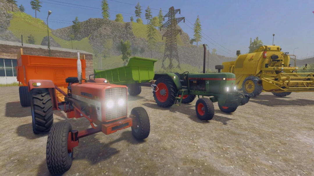 In-game farming equipment lineup from Farming Simulator 25 mods, featuring vintage tractors and harvesters on a farm.