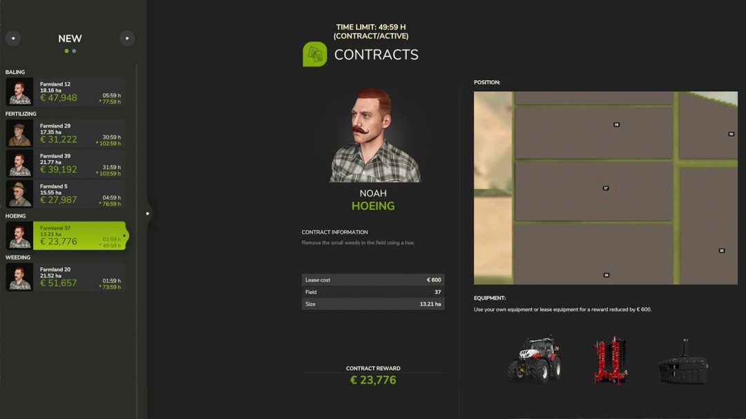Screenshot from Farming Simulator 25 showing a contract for small weeds removal with Noah Hoeing, including map, equipment, and game interface.