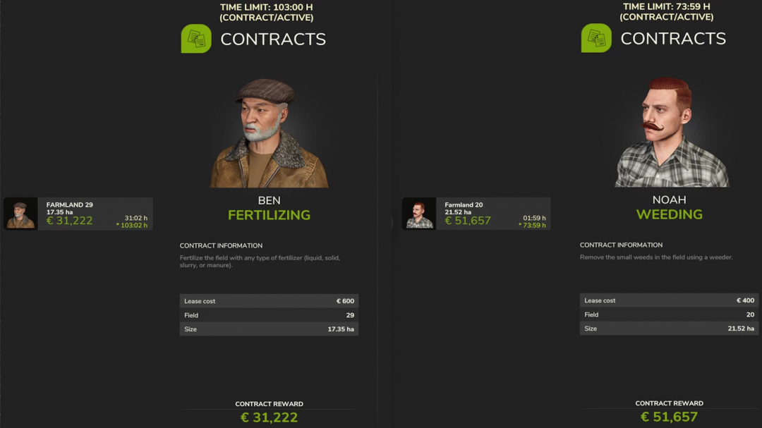 In Farming Simulator 25, two contracts are shown: fertilizing with Ben and weeding with Noah, each displaying contract details and rewards.