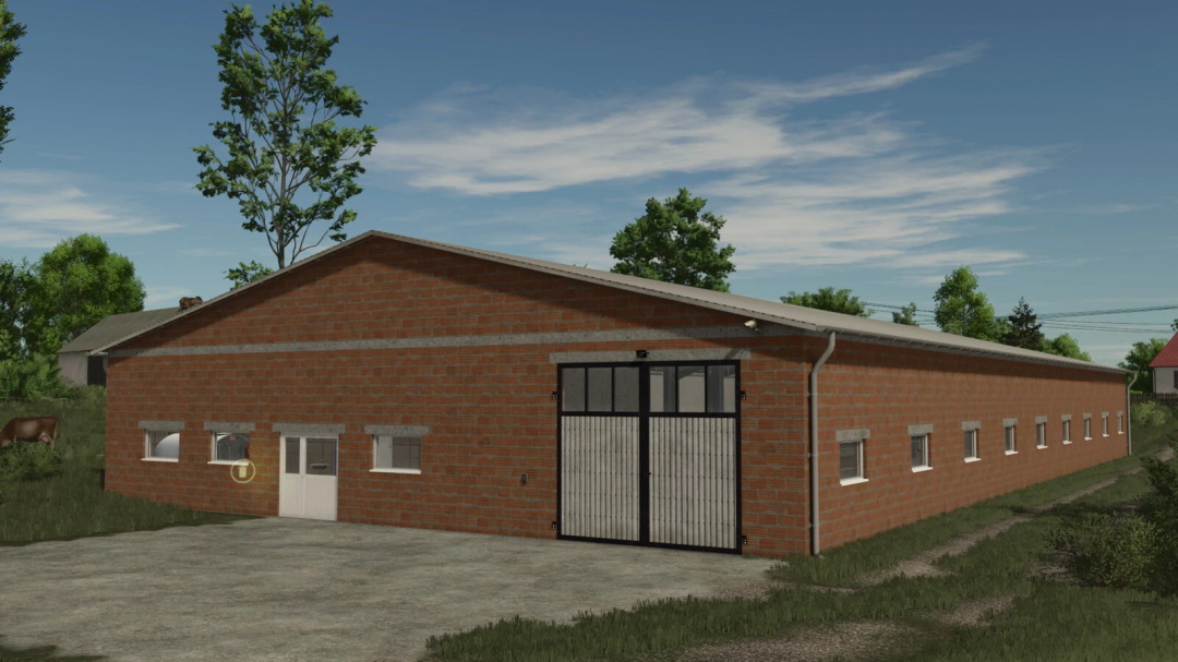 Modern Cow Barn from FS25 mods in Farming Simulator 25, featuring a brick exterior and a large sliding door, ideal for livestock housing.