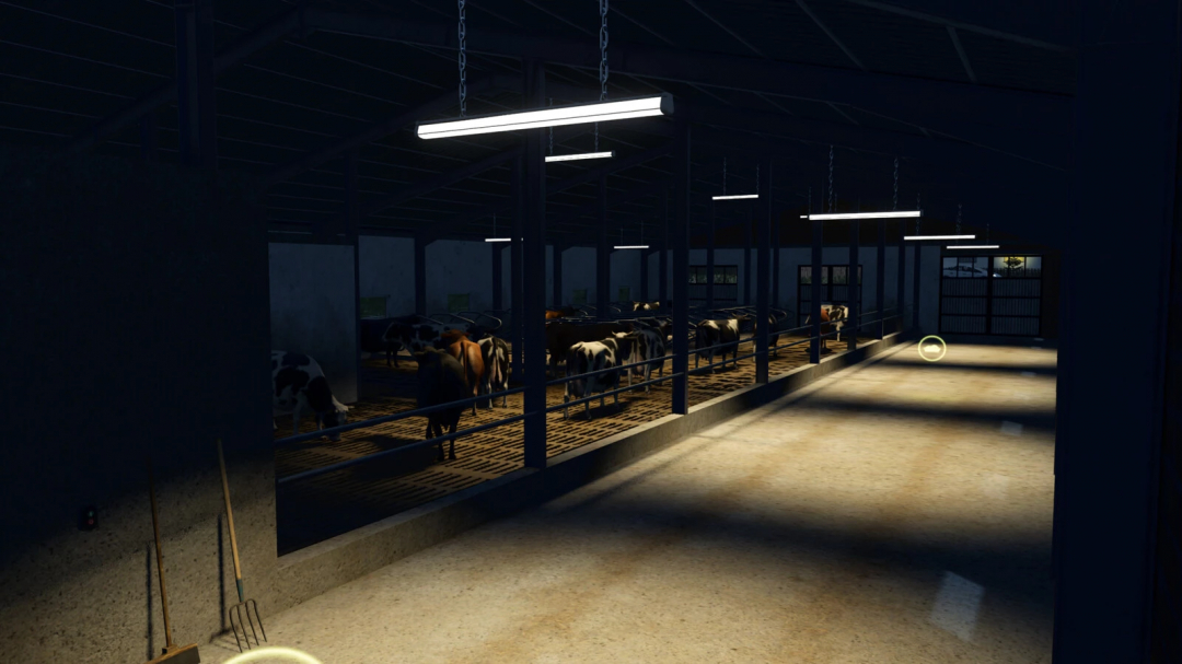 Farming Simulator 25 mod: Modern cow barn interior with cows, illuminated by ceiling lights, part of FS25 mods collection.