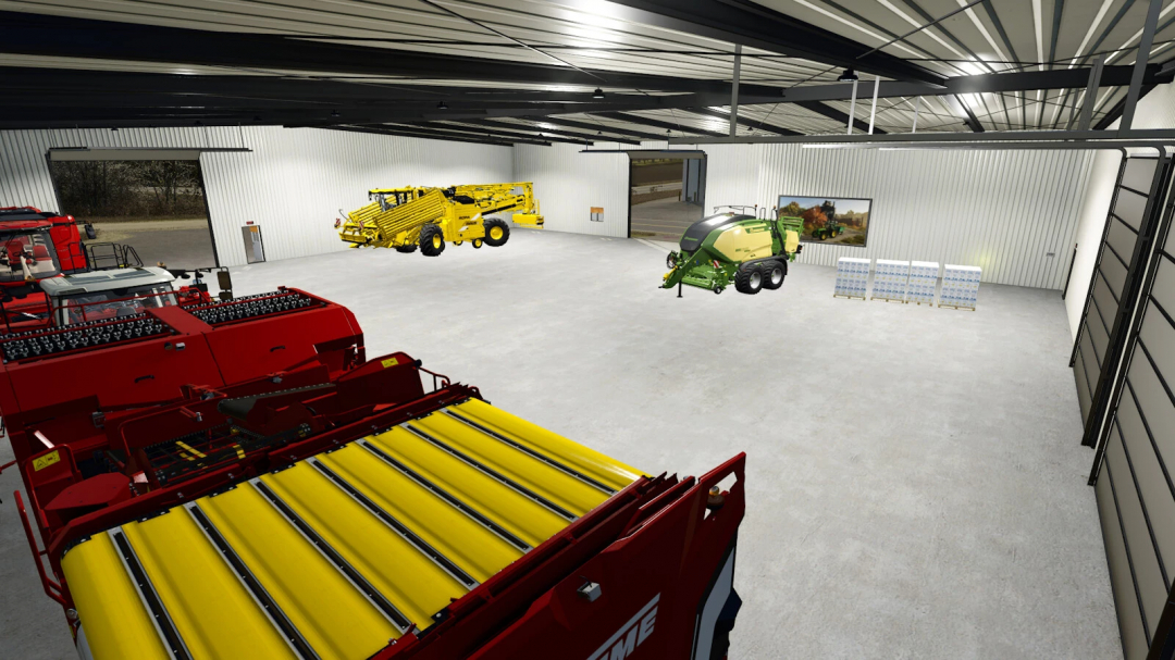 Farming Simulator 25 mods: Modern shop with yellow and green farming equipment inside a spacious storage building.