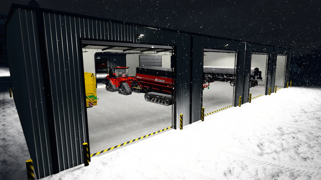 Farming Simulator 25 mods: modern steel farm shop building with farm equipment inside, snow-covered ground at night.