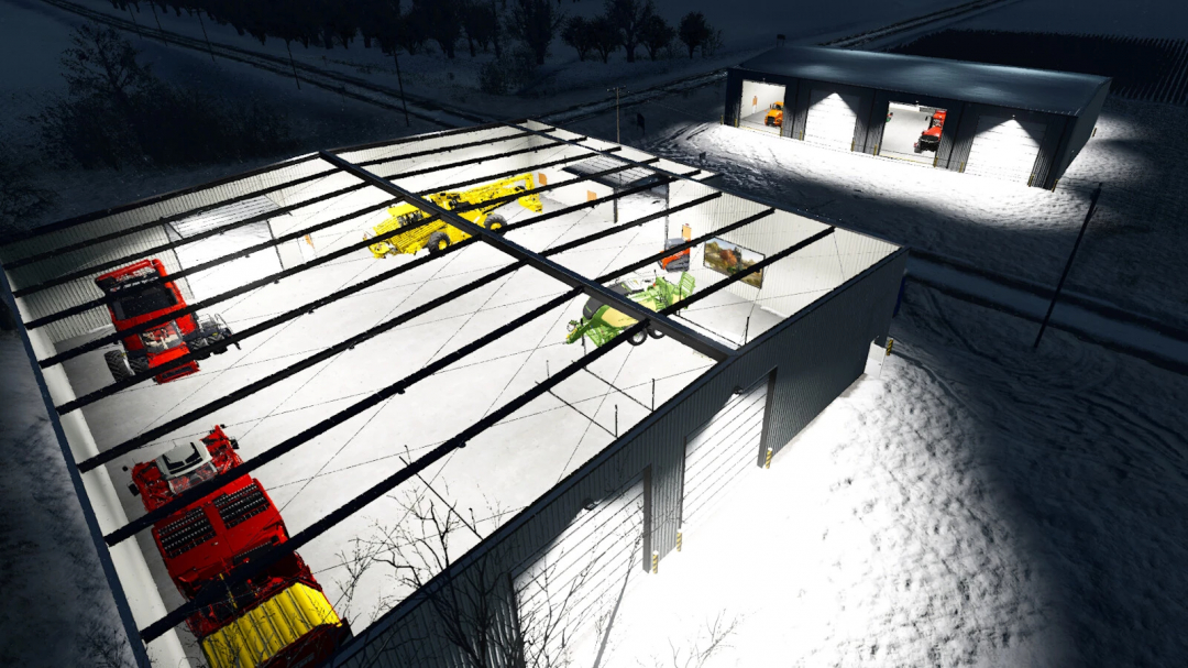 Night view of a Farming Simulator 25 mod modern shop package with various farm equipment inside and outside, illuminated in snow-covered surroundings.