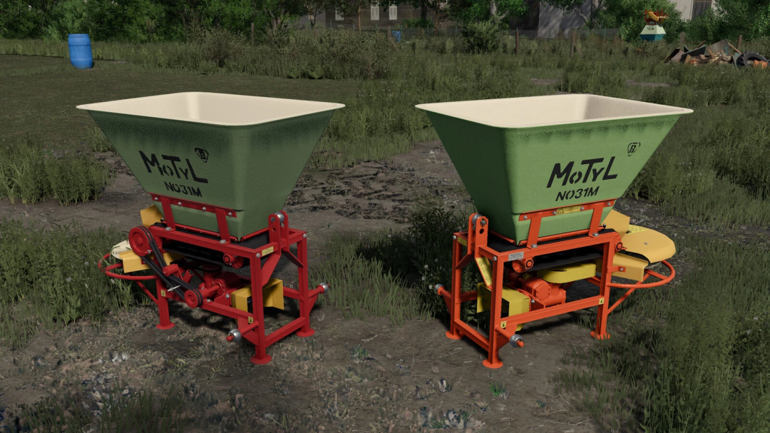 Two MoTYL N031M seeders from Farming Simulator 25 mods, green with cream tops, on a dirt field in Farming Simulator 25.