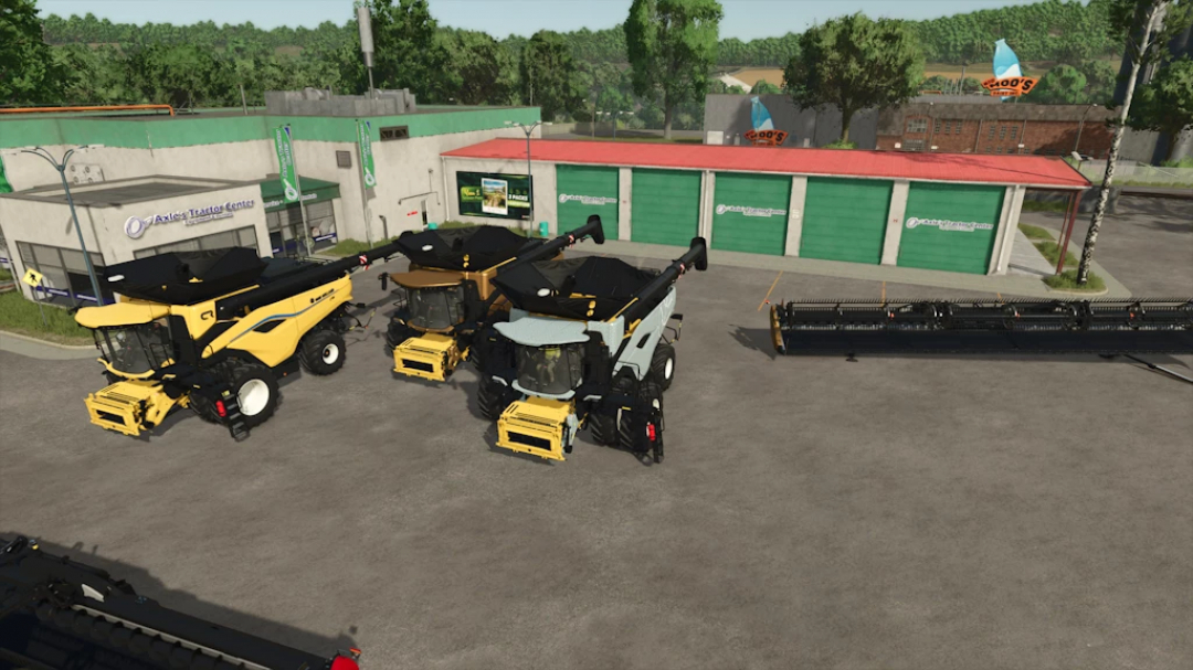 Farming Simulator 25 mods, New Holland CR11 combine harvesters parked outside Axley's Tractor Center, display for FS25 farming equipment.