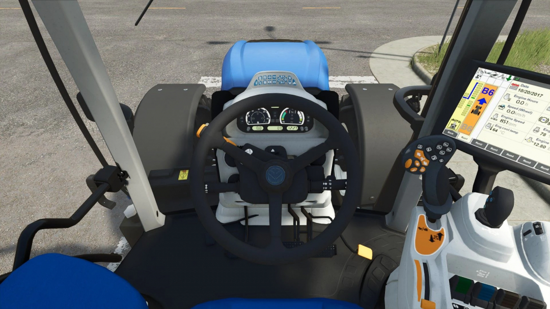 Inside view of a Farming Simulator 25 mod featuring a New Holland T6 tractor with digital control panel and steering wheel.