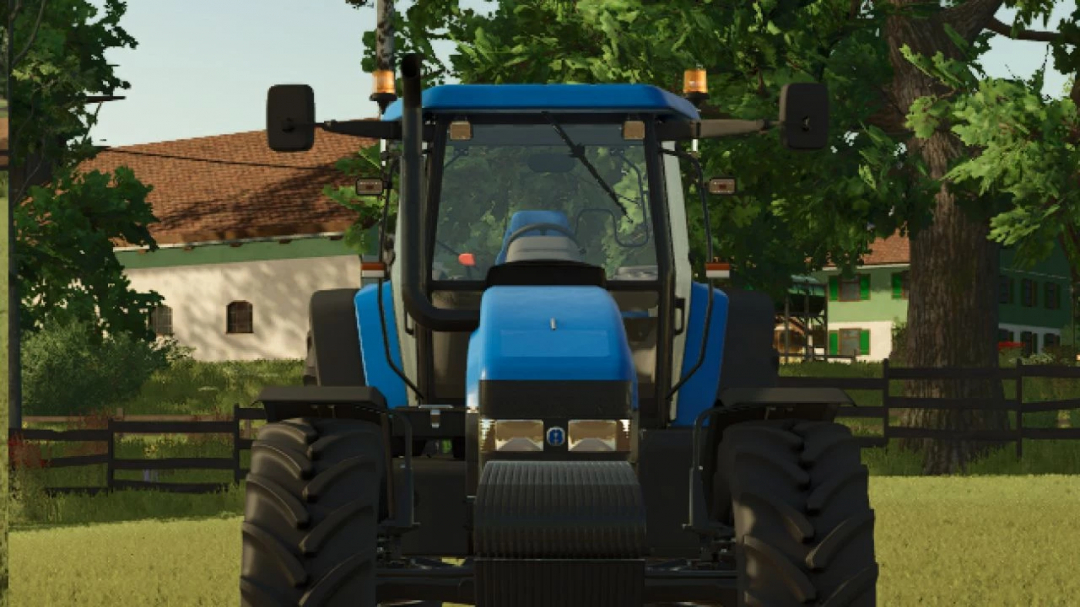 Farming Simulator 25 mod: New Holland TM 190 tractor with blue body in a farm setting.