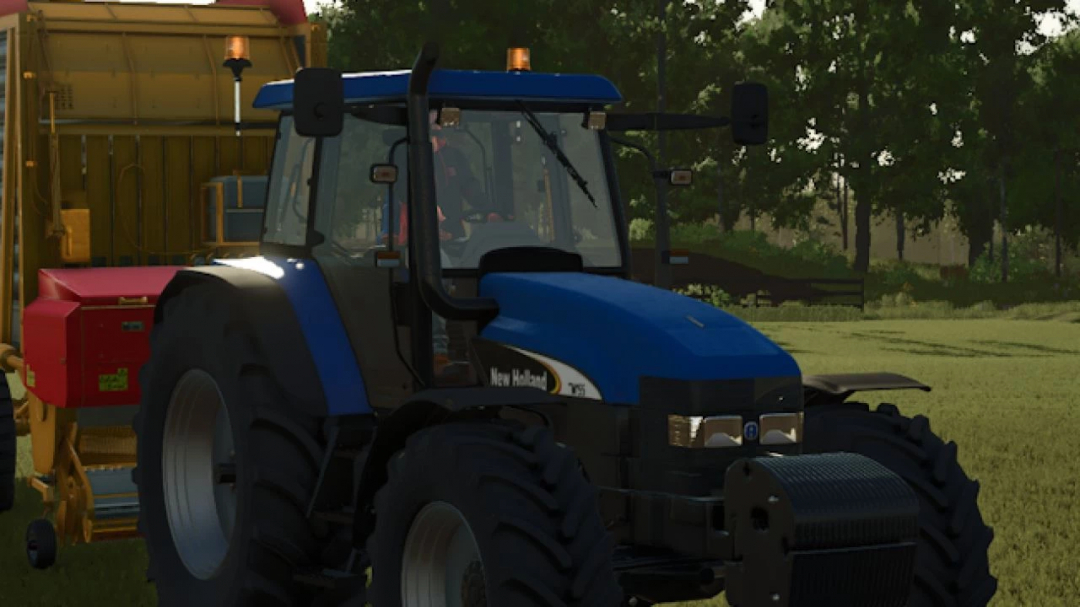 Farming Simulator 25 mods: New Holland TM 190 tractor in a rural field setting.