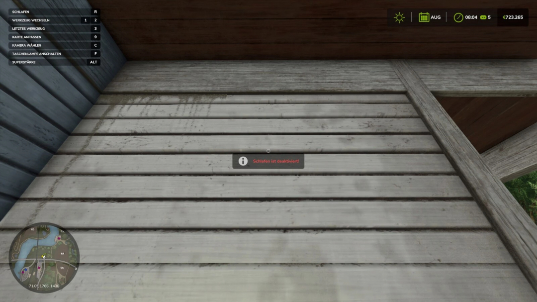 Farming Simulator 25 mod screenshot showing a wooden deck with a sleep disable notification in German.