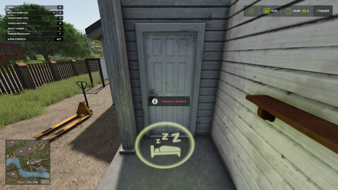 Farming Simulator 25 mod 'No Sleep v1.0.0.0' showing a door with sleep disabled icon and a sleeping indicator at the bottom.