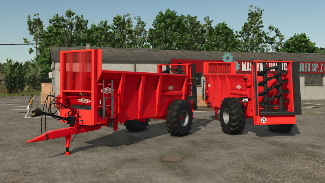 Farming Simulator 25 mods: Orange EV 120 v1.0.0.0 agricultural machinery trailer in a parking lot.