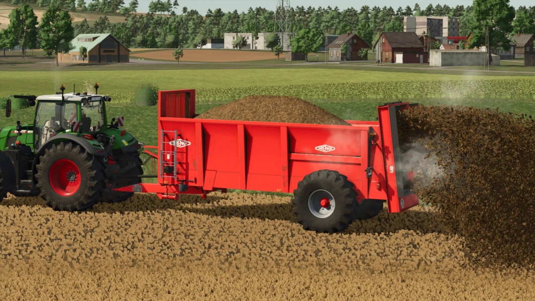 Farming Simulator 25 mod: tractor with a red manure spreader dispersing manure on the field