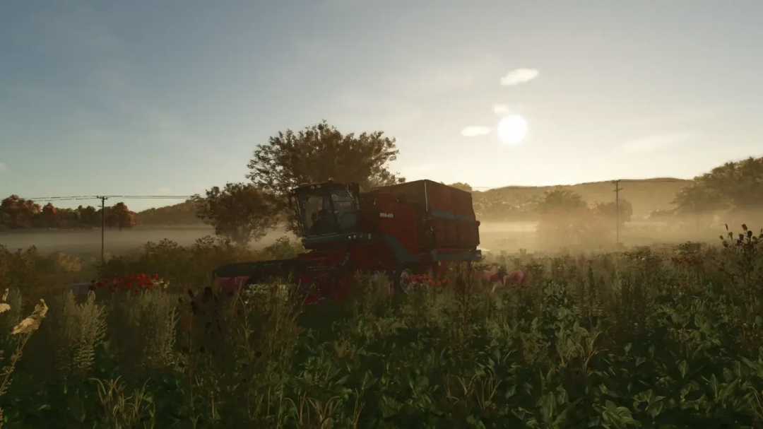 Farming Simulator 25 mod showcase featuring the Oxbo Pack v1.1.0.0 on a scenic farm field at sunrise.