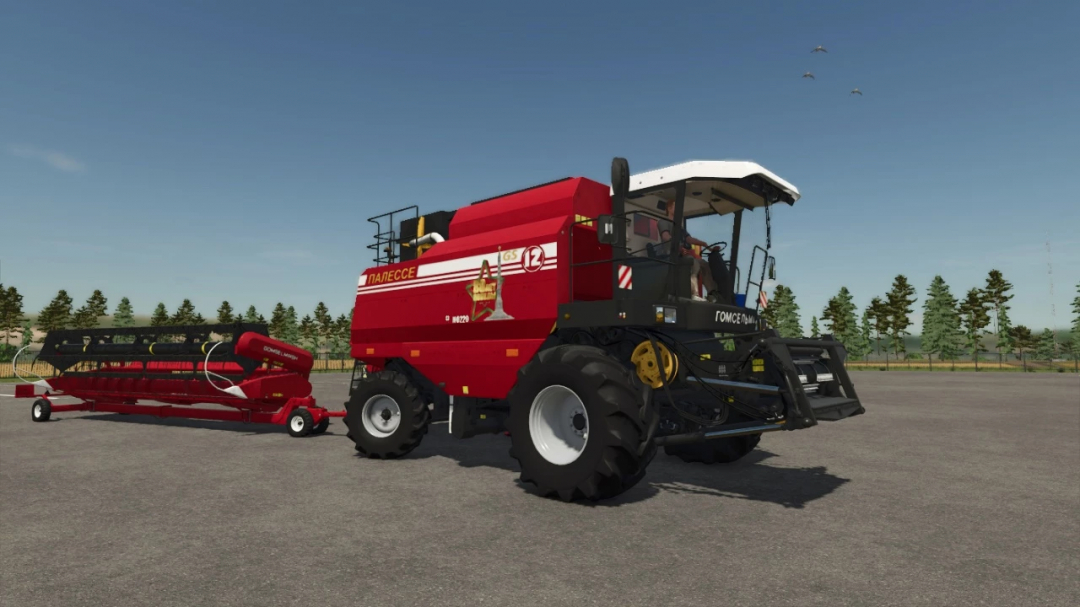 Farming Simulator 25 mod: Palesse GS12 2008 in-game agricultural tractor visual with attached harvesting equipment.