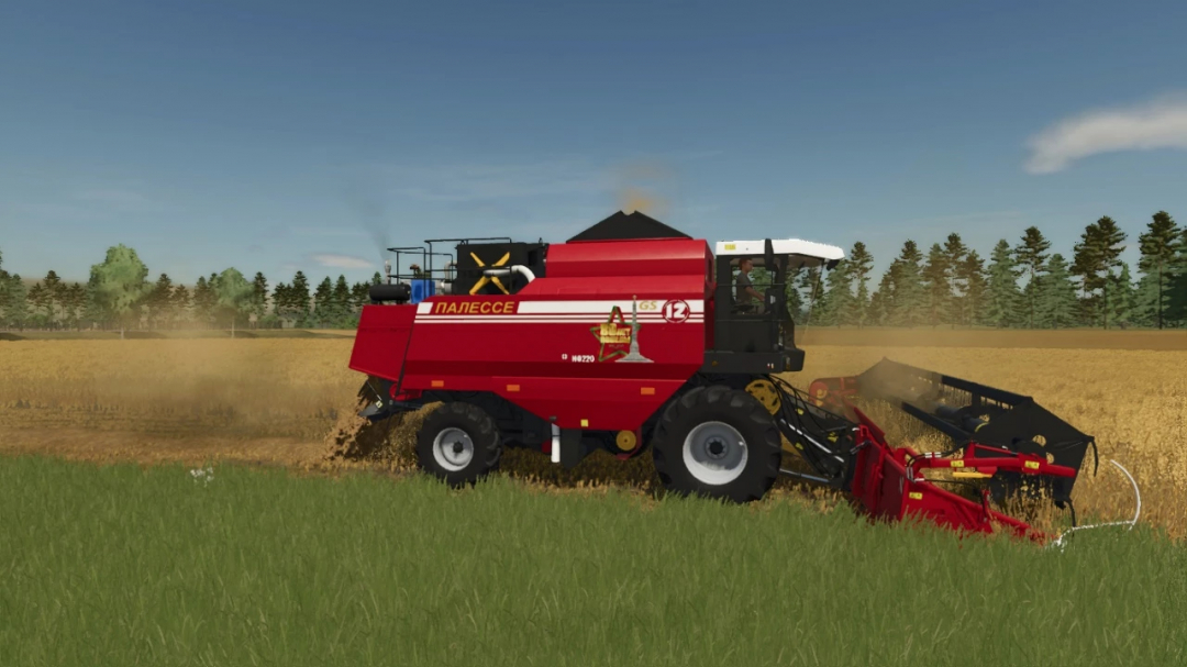 Farming Simulator 25 mod: Palesse GS12 2008 harvesting grass in a field with a red forage harvester.
