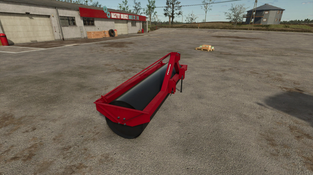 Farming Simulator 25 mod: Peecon LR290 Roller, used for soil compaction in farming, shown on a farmyard with a red building.