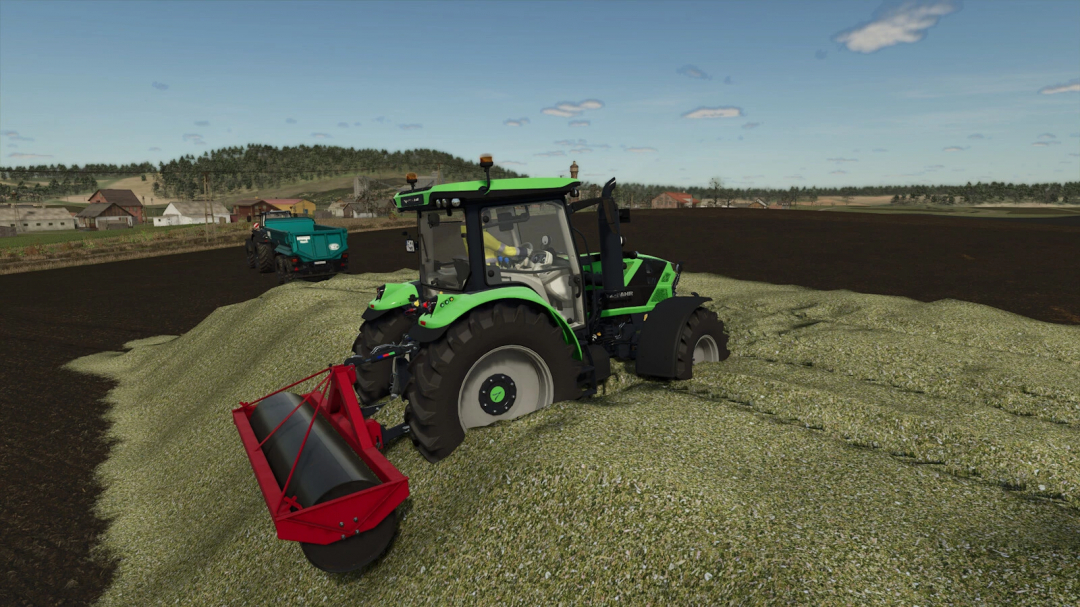 Farming Simulator 25 mod: Green tractor spreading hay with a red roller, on a farm field during daytime, showcasing the Peecon LR290 Roller v1.0.0.0.