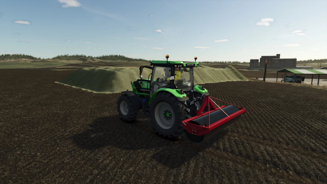 Farming Simulator 25 mod:green Deutz-Fahr tractor with Peecon LR290 Roller attachment for soil cultivation.