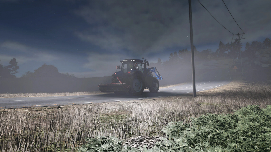 Farming Simulator 25 mod: tractor with Peecon LR290 Roller v1.0.0.0 working on the field at night, realistic farming scene.