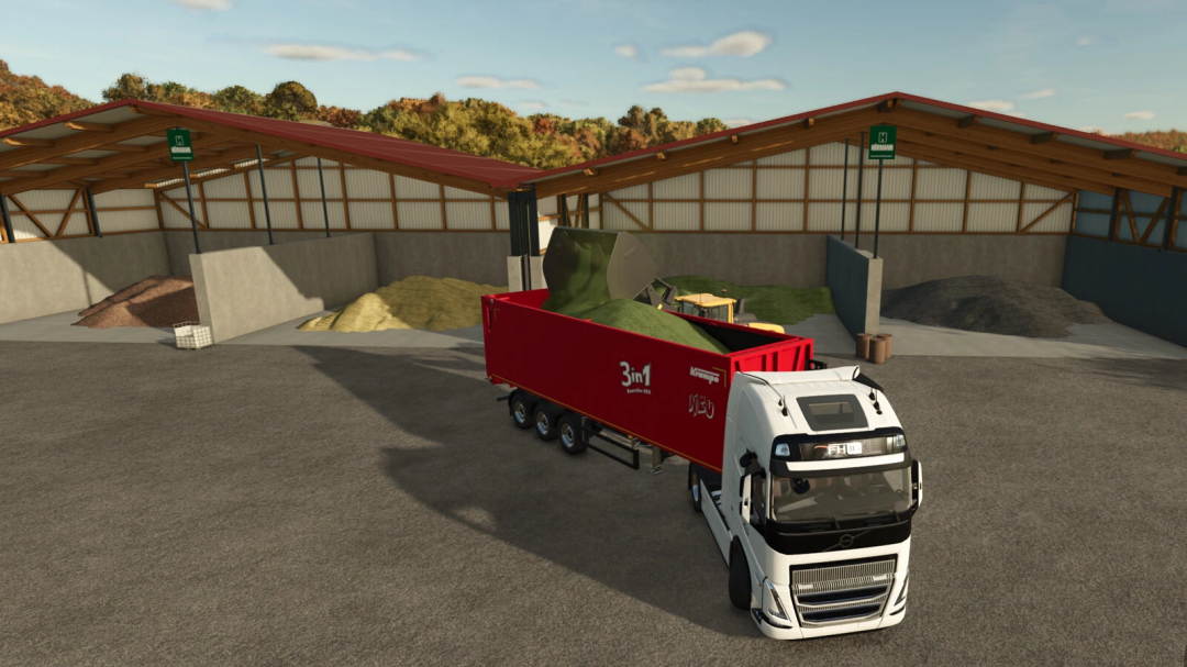 Farming Simulator 25 mod: Pellet Production Factory - UCDV v1.0.0.0 with a truck unloading pellets at a storage facility.