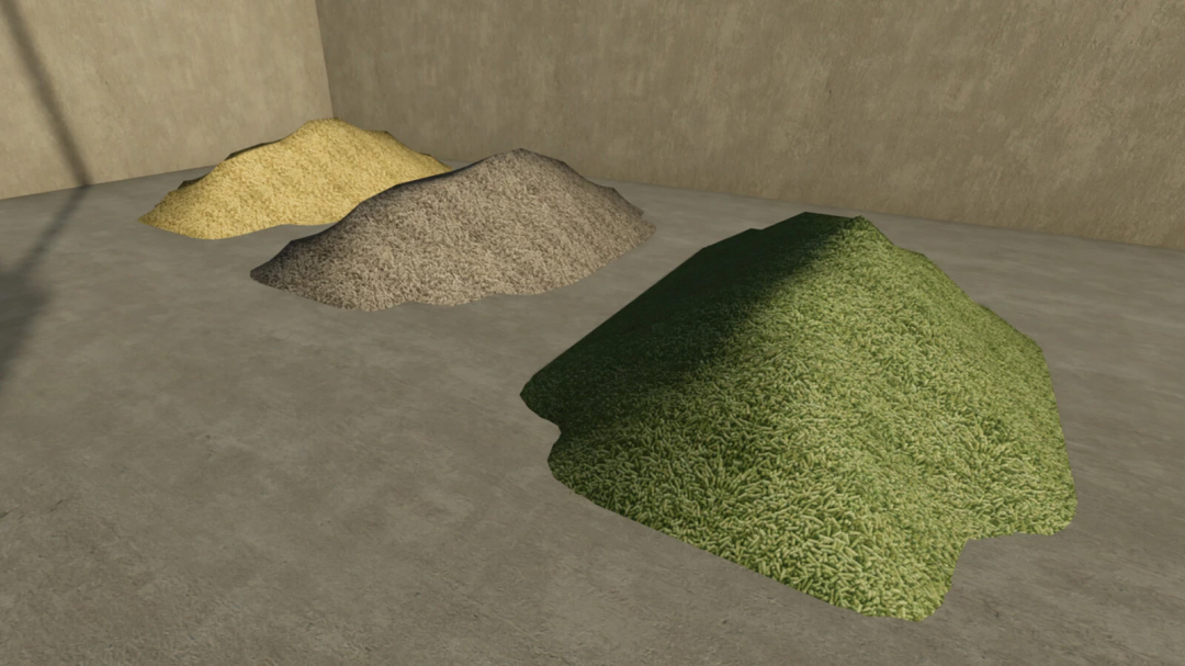 Image showing piles of different materials, including green, brown, and yellow, related to Farming Simulator 25 mods and pellet production.