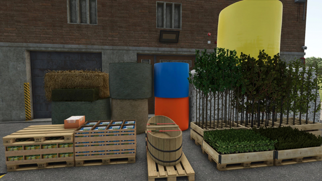 Farming Simulator 25 mods: Storage barrels, hay bales, crates, and plants in the ProductionStorageControl v1.0.0.0 mod for FS25.