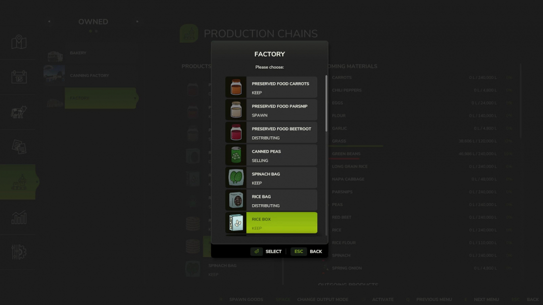 Screenshot of Farming Simulator 25 mod 'ProductionStorageControl v1.0.0.0' showing storage options for rice box and other preserved foods.