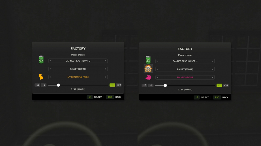 Farming Simulator 25 mods; ProductionStorageControl v1.0.0.0 mod interface showing storage options for canned peas, pallet, and farm storage.