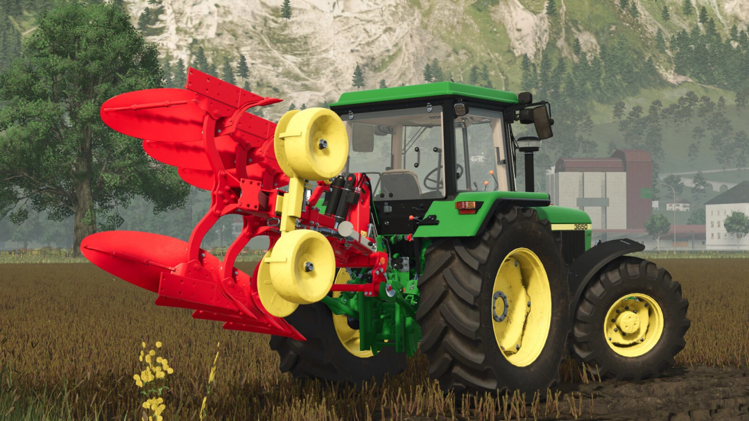 Farming Simulator 25 mod: Pöttinger SERVO 25 Pack v1.0.0.0 with red and yellow agricultural plow attachment on a farm field.