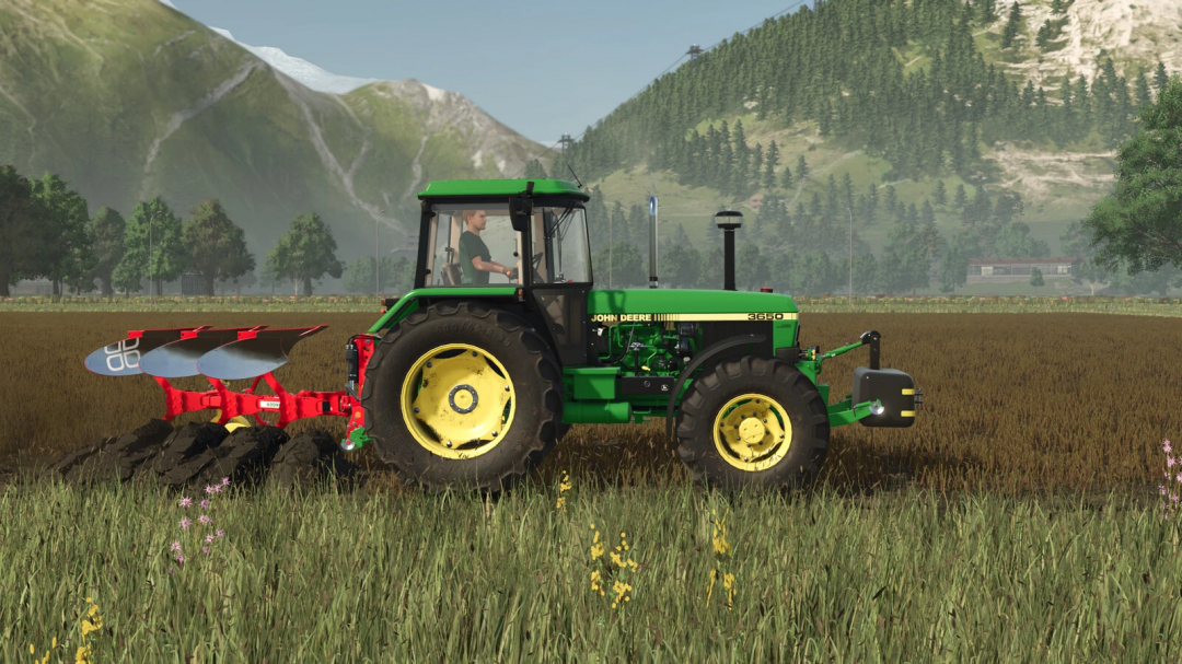 Farming Simulator 25 mod featuring a John Deere 3650 tractor with a Pöttinger SERVO 25 pack plow attachment on a farm field.