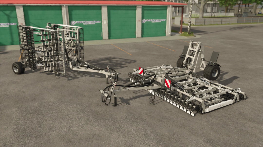 Farming Simulator 25 mods, ROL-EX AUCH 600 mod implement with multiple working tools on a parking lot.