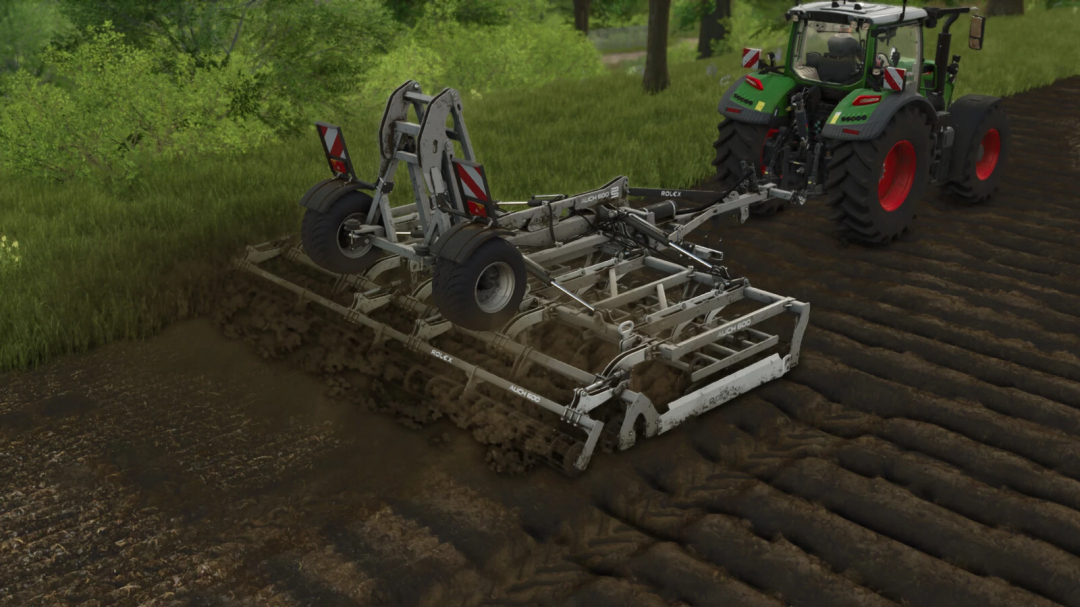Farming Simulator 25 mod: tractor with ROL-EX AUCH 600 cultivator for soil preparation in FS25.