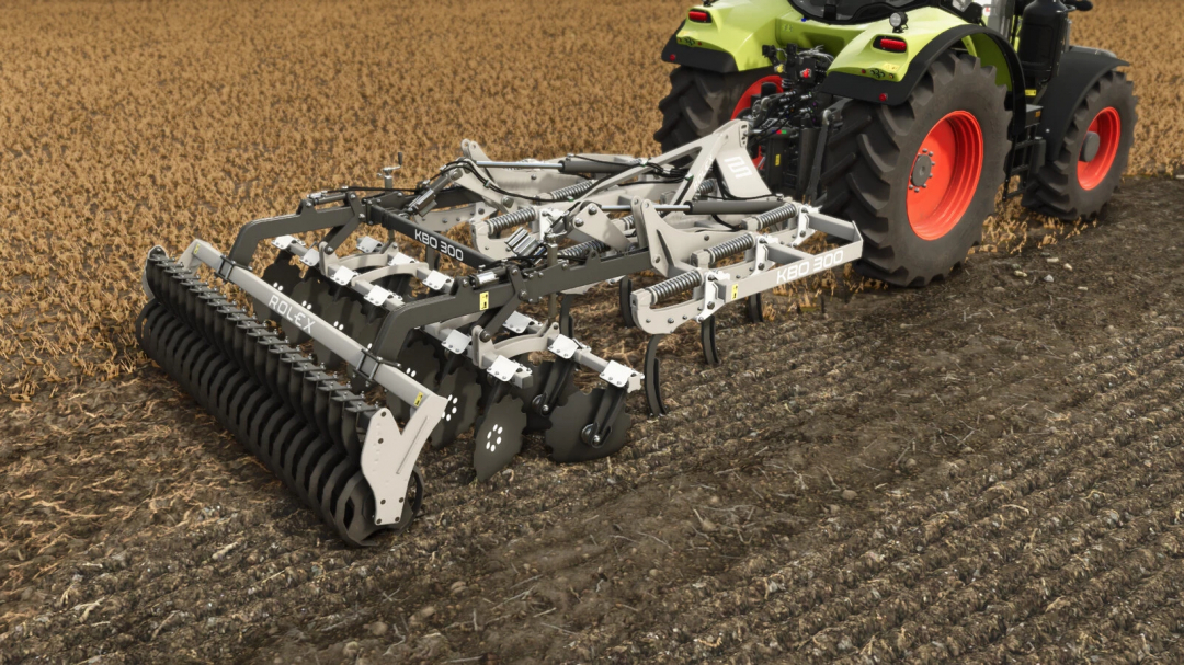 FS25 mod: Farming Simulator 25, ROL-EX KBO 300 v1.0.0.0 cultivator attached to a tractor on a farm field.