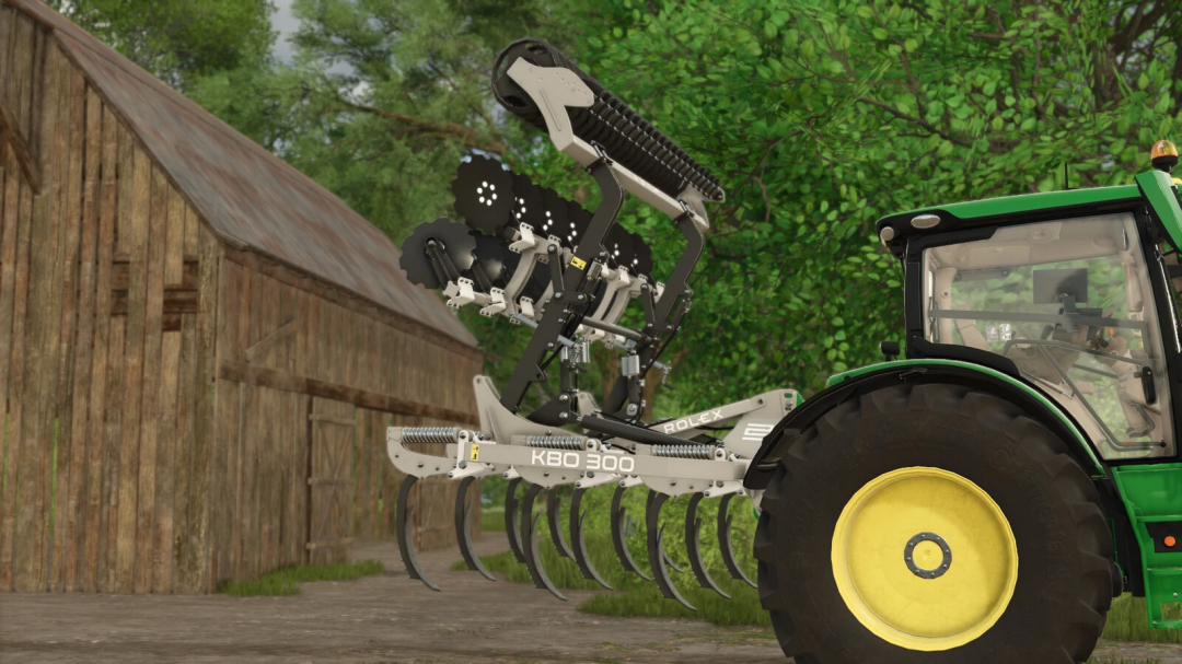 Farming Simulator 25 mod featuring the ROL-EX KBO 300 cultivator attachment on a tractor.