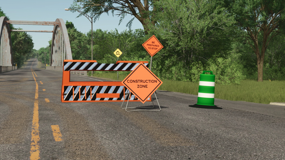 Construction zone on the bridge in Farming Simulator 25 with road safety pack mod, featuring warning signs and barricades.