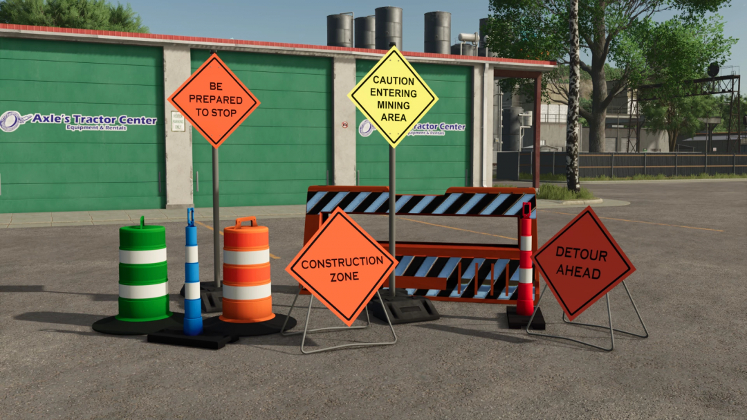 Construction site with warning signs, cones, and barriers, part of Farming Simulator 25 mods' Road Safety Pack v1.0.0.0.
