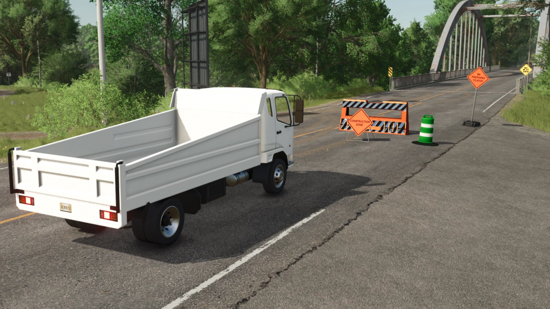 Farming Simulator 25 mod image showing a road construction zone with warning signs, a white truck, and a bridge in the background.