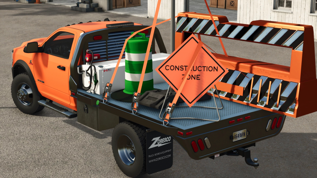 Farming Simulator 25 mod: construction zone road safety equipment on a truck, including warning signs and traffic cones.