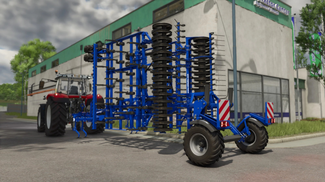 Farming Simulator 25 mod: Blue Rolmako U497 pack attached to a red tractor on a city street, showcasing farming equipment.