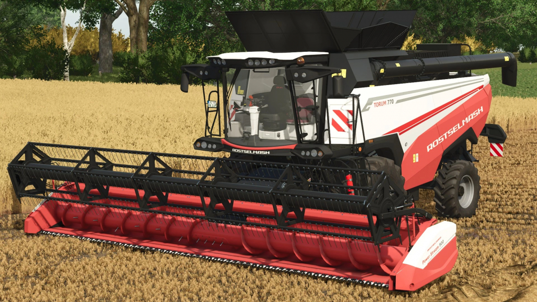 Farming Simulator 25 mod: Rostselmash Acros 595 & Torum 770 combine harvester working in a wheat field.