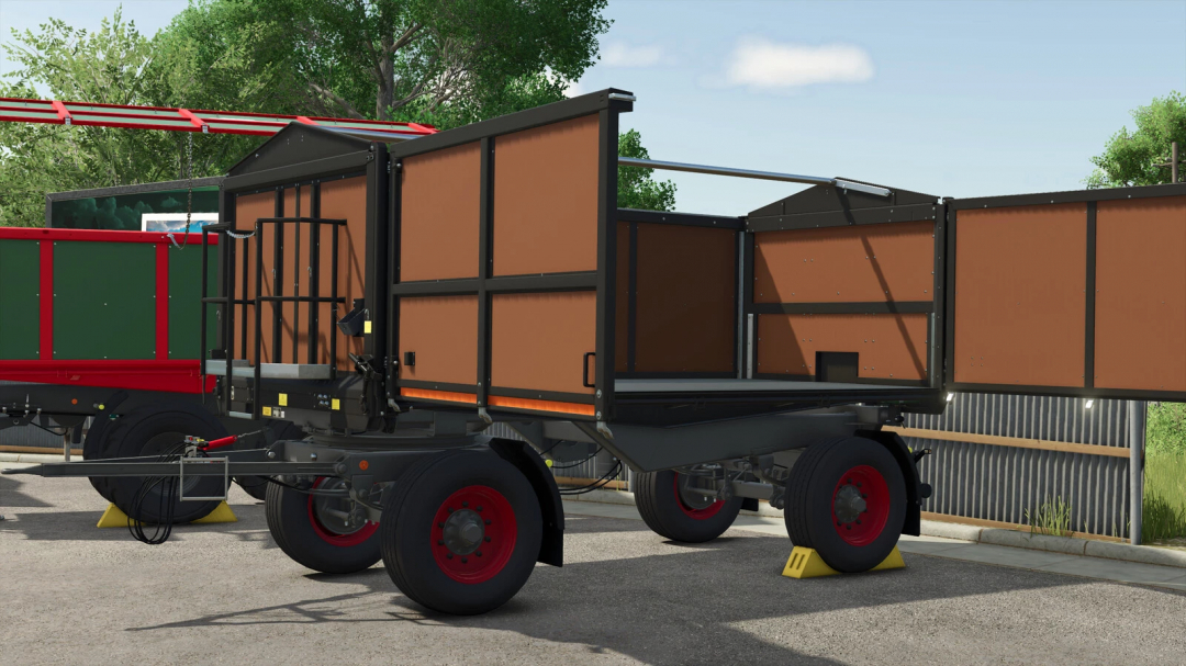 FS25 mods, Farming Simulator 25 Rudolph Trailer Pack v1.0.0.0, in-game trailer with brown panels, set on a farm yard scene.