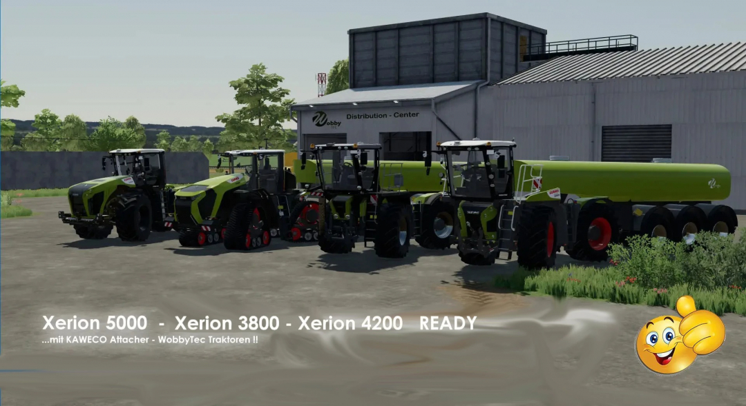 Farming Simulator 25 mods featuring four green tractor models with WobbyTec tank attachments in front of a distribution center.