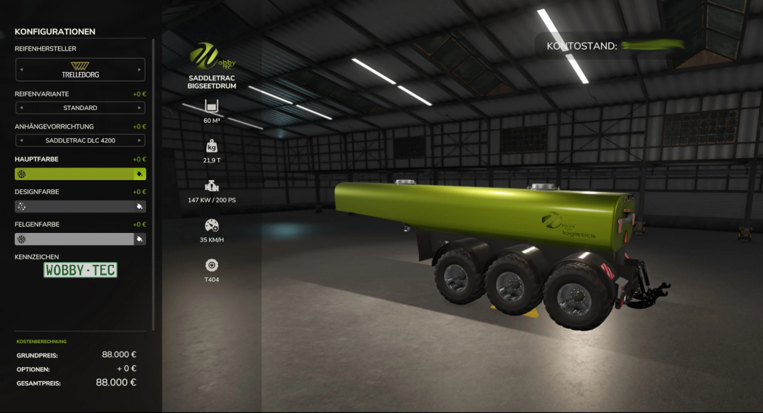 Farming Simulator 25 mod: WOBBY - TEC Saddle Trac 4200 Saat Pack v1.0.0.1 in a game warehouse, with green liquid tank and detailed specifications.