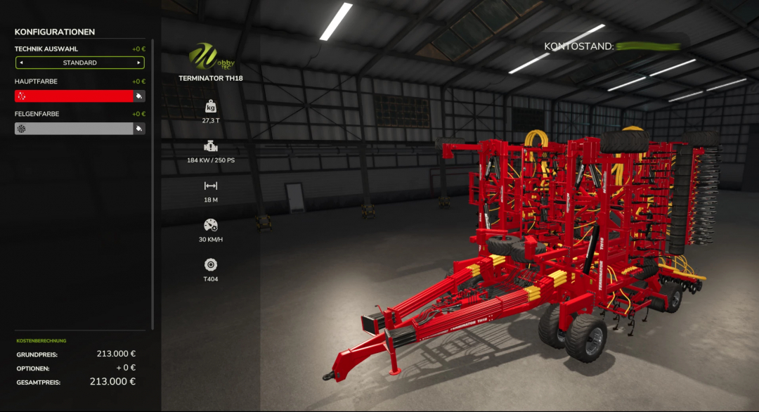 Farming Simulator 25 mod image of the Saddle Trac 4200 Saat Pack v1.0.0.1 with red machinery inside a warehouse, showing detailed equipment configuration.