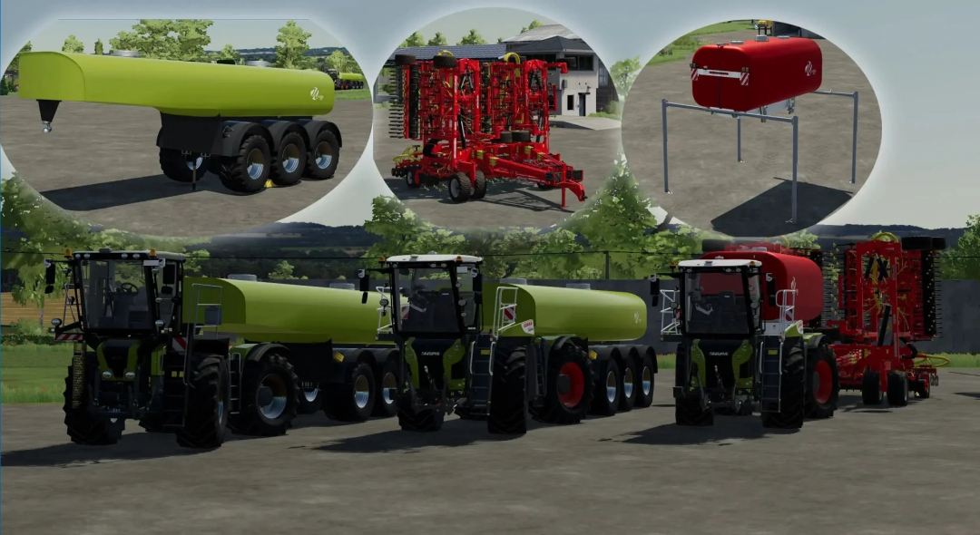 Farming Simulator 25 mods: two green Tanker Tractors with red farm equipment, including seeder and spray tank, showcased in a farm setting.