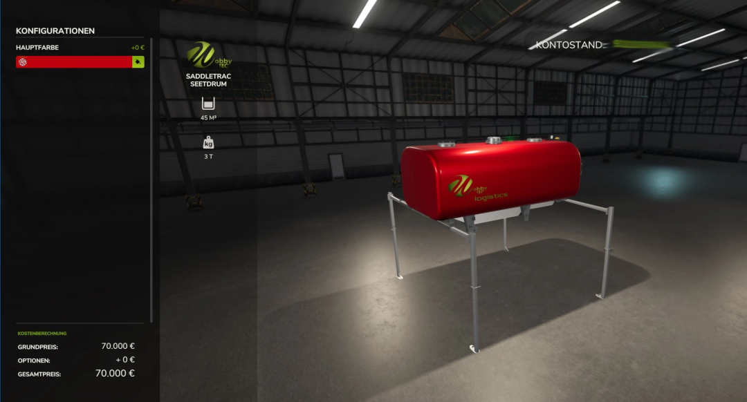 Farming Simulator 25 mod: Red Saddle Trac 4200 seed drum with 45 m³ capacity, suitable for FS25 mods and farming logistics.