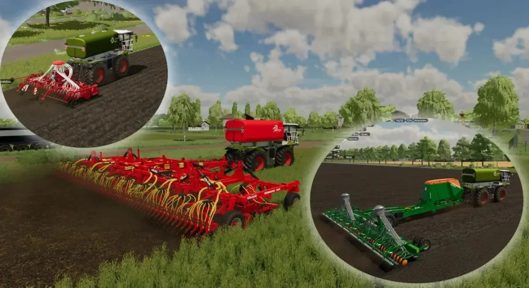 Farming Simulator 25 mods featuring the Saddle Trac 4200 Saat Pack v1.0.0.1 with various seeders and sprayers for versatile farming equipment.